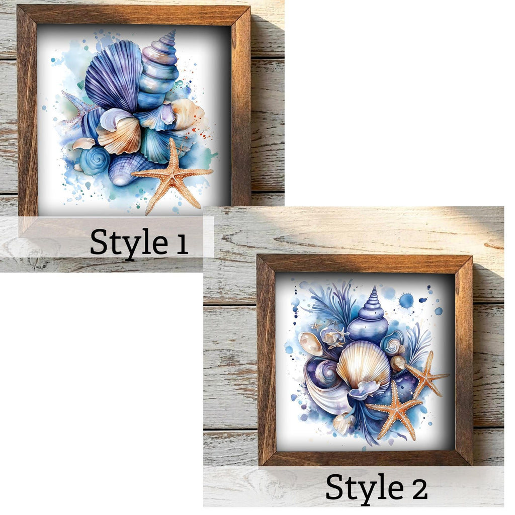 Coastal Seashell Wall Art Framed Beach Decor Starfish Ocean Artwork Nautical Farmhouse Blue Shell Print Gift for Beach House