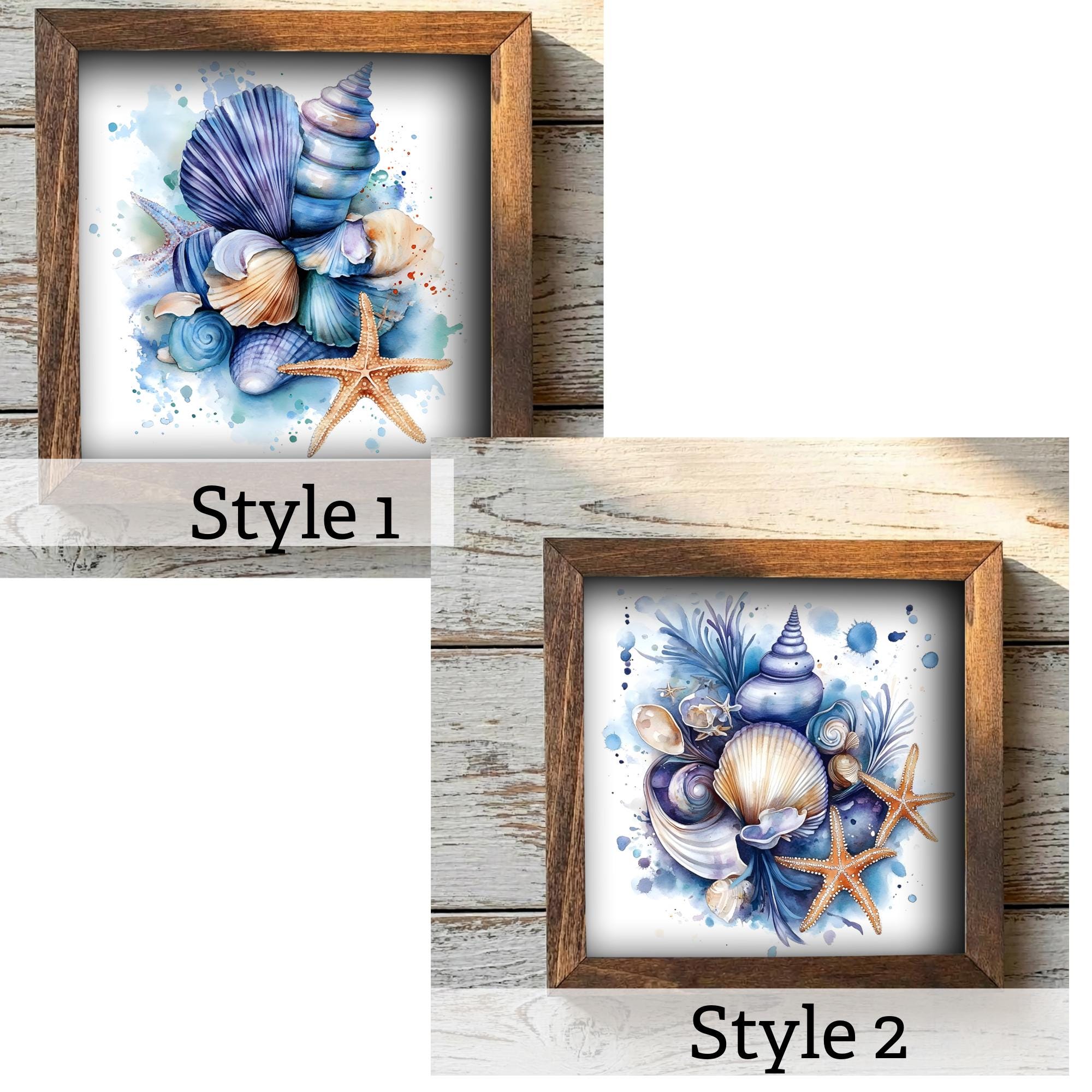 Coastal Seashell Wall Art Framed Beach Decor Starfish Ocean Artwork Nautical Farmhouse Blue Shell Print Gift for Beach House