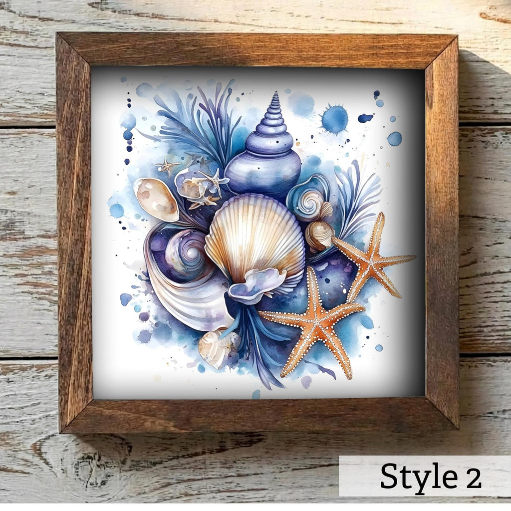 Coastal Seashell Wall Art Framed Beach Decor Starfish Ocean Artwork Nautical Farmhouse Blue Shell Print Gift for Beach House