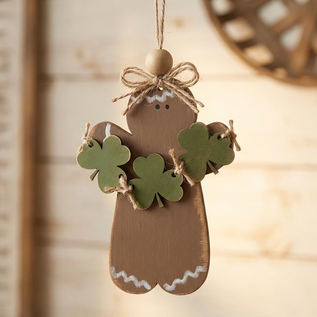 St Patrick's Day Decorations – Rustic Gingerbread Shamrock Shelf Sitter or Ornament