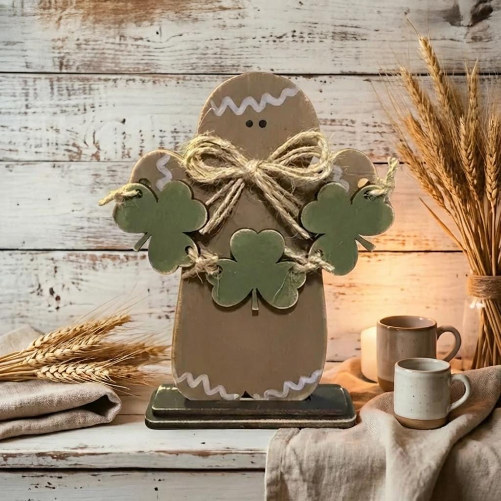 St Patrick's Day Decorations – Rustic Gingerbread Shamrock Shelf Sitter or Ornament