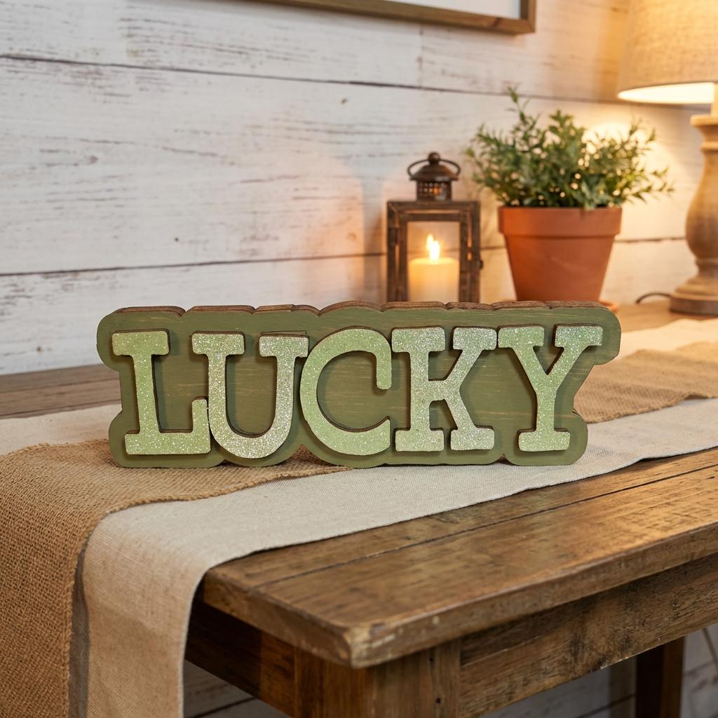 Rustic Lucky Wood Word Block – St Patrick’s Day Shelf Sitter Decor