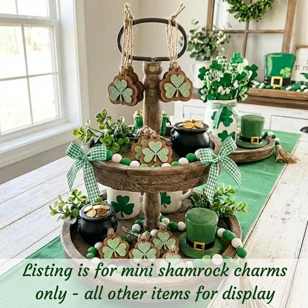 Reversible St Patrick’s Day Mini Shamrock Charms – Rustic Wooden Clover Tiered Tray Filler – Set of 7