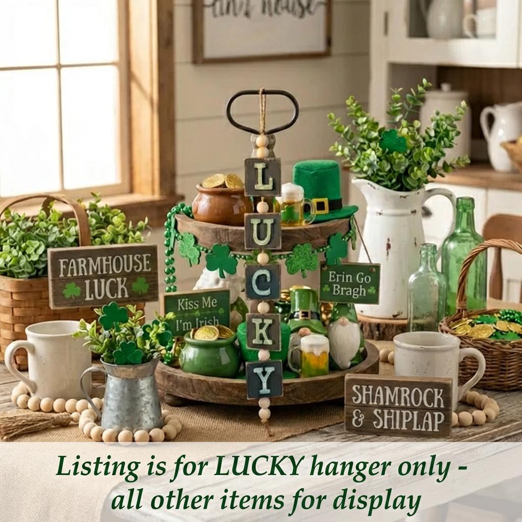 Lucky Beaded Door Hanger – St Patrick’s Day Rustic Wood Letter Garland – Farmhouse Tiered Tray Decor