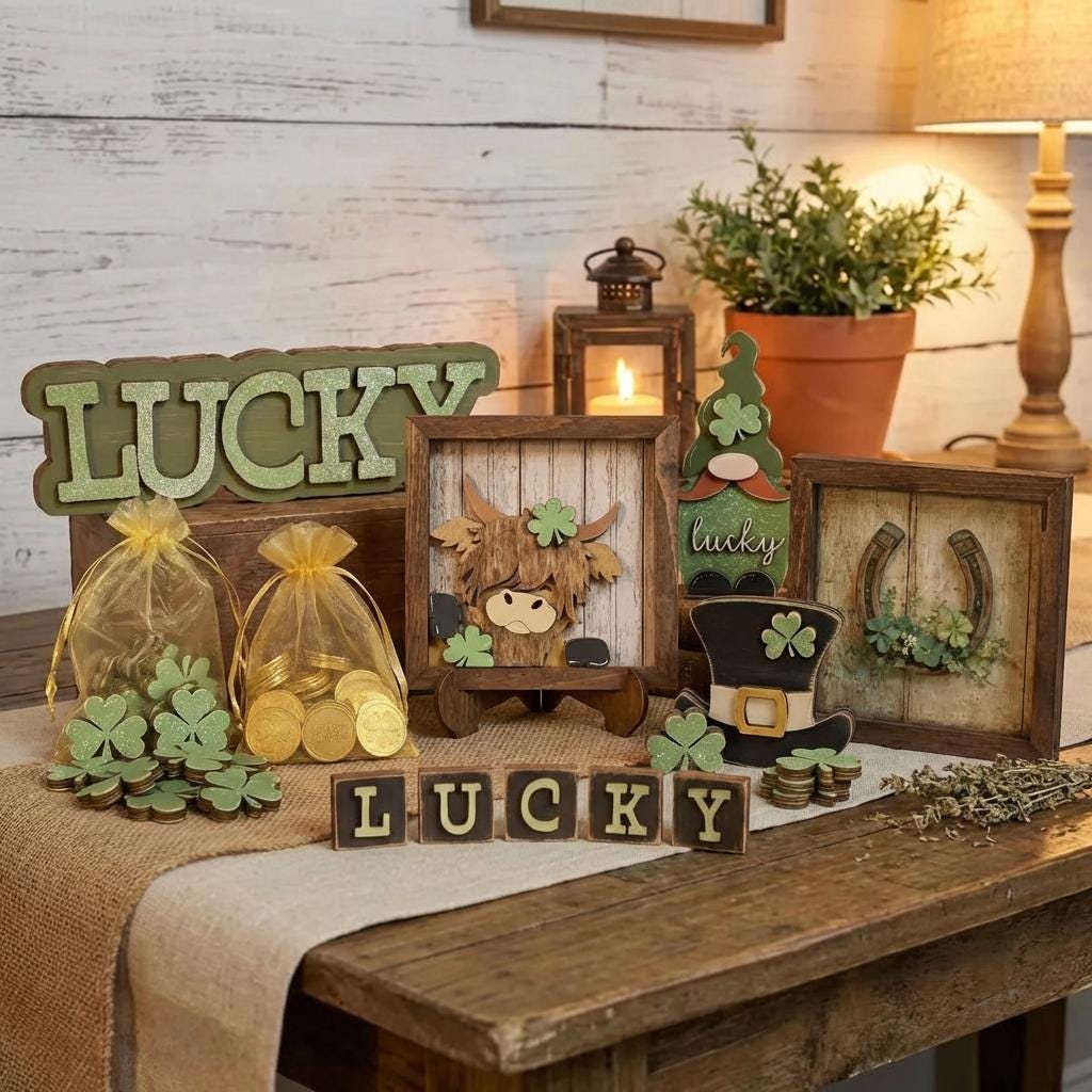 Lucky Mini Block Set – St Patrick’s Day Tiered Tray Decor – Rustic Wooden Letter Squares with Shamrock