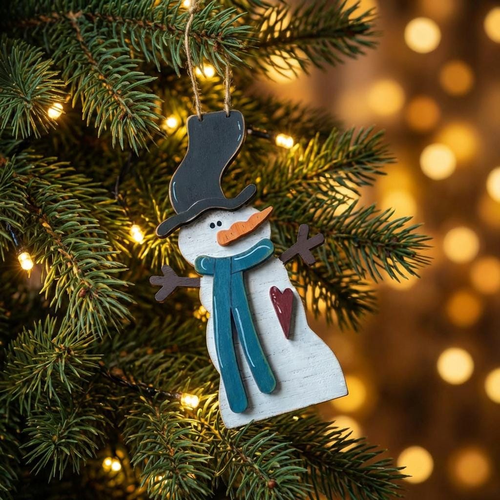 Rustic Snowman Ornament with Heart – Farmhouse Wooden Christmas Tree Decor – Layered Wood Holiday Ornament – Handmade Winter Snowman