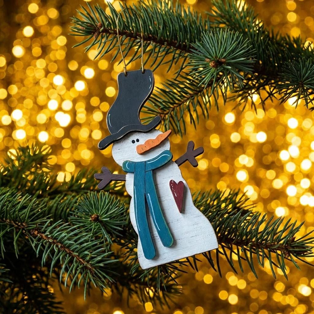 Rustic Snowman Ornament with Heart – Farmhouse Wooden Christmas Tree Decor – Layered Wood Holiday Ornament – Handmade Winter Snowman