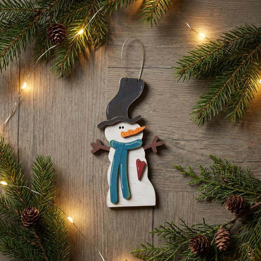 Rustic Snowman Ornament with Heart – Farmhouse Wooden Christmas Tree Decor – Layered Wood Holiday Ornament – Handmade Winter Snowman