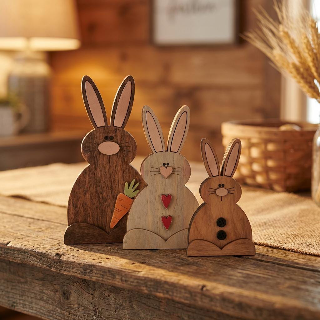 Farmhouse Bunny Trio Shelf Decor – Rustic Wooden Easter Bunnies – Tiered Tray Spring Decor – Neutral Bunny Set