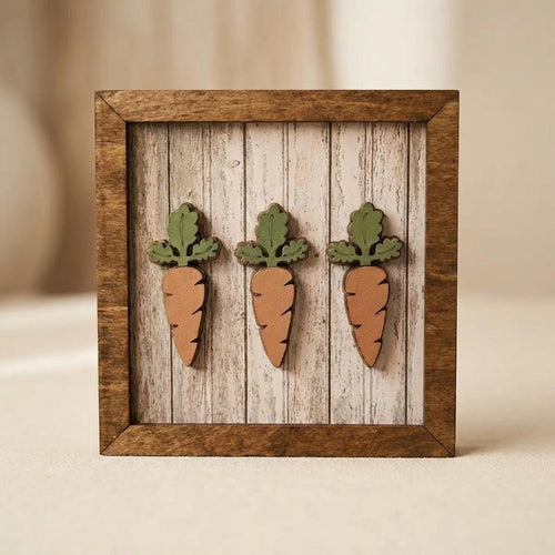 Easter Carrot Farmhouse Decor – Rustic Framed Wood Wall Art or Shelf Display – Neutral Spring Tiered Tray Decor