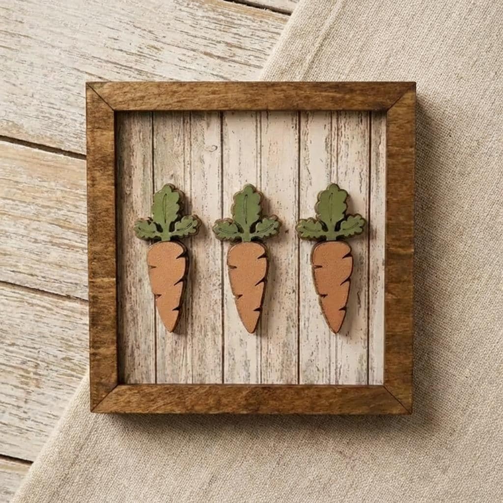 Easter Carrot Farmhouse Decor – Rustic Framed Wood Wall Art or Shelf Display – Neutral Spring Tiered Tray Decor