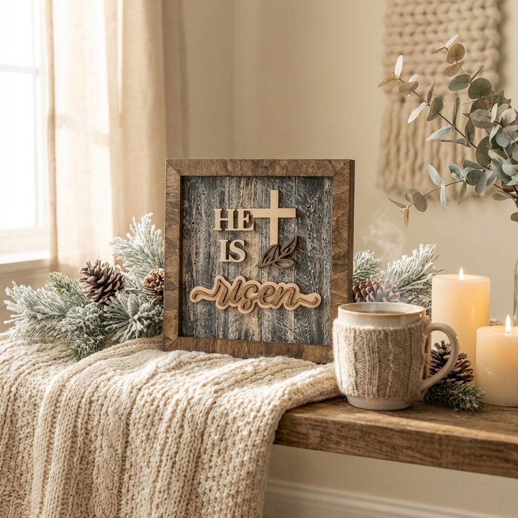 Layered He Is Risen Cross Decor – Christian Easter Home Decor – Resurrection Wall Art – Farmhouse Religious Shelf Decor - TheGrumpyRooster