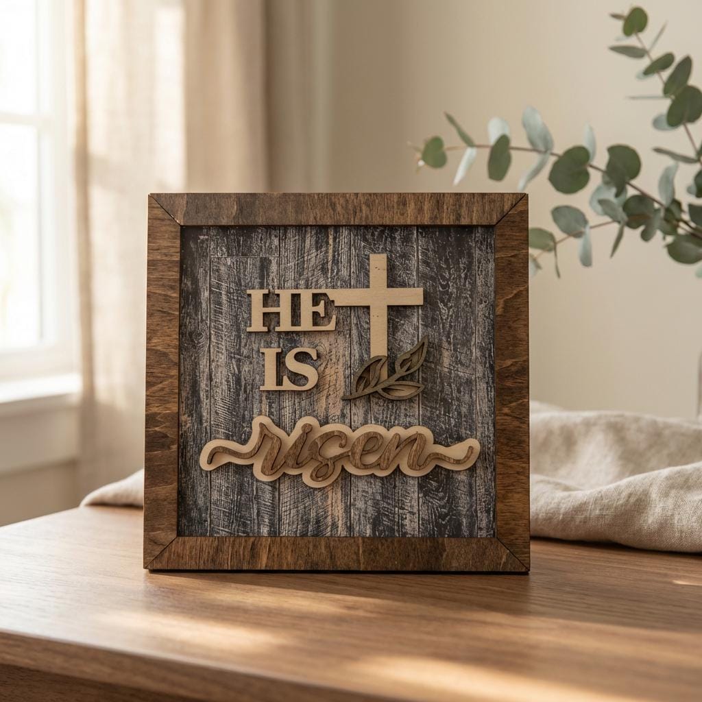 Layered He Is Risen Cross Decor – Christian Easter Home Decor – Resurrection Wall Art – Farmhouse Religious Shelf Decor - TheGrumpyRooster