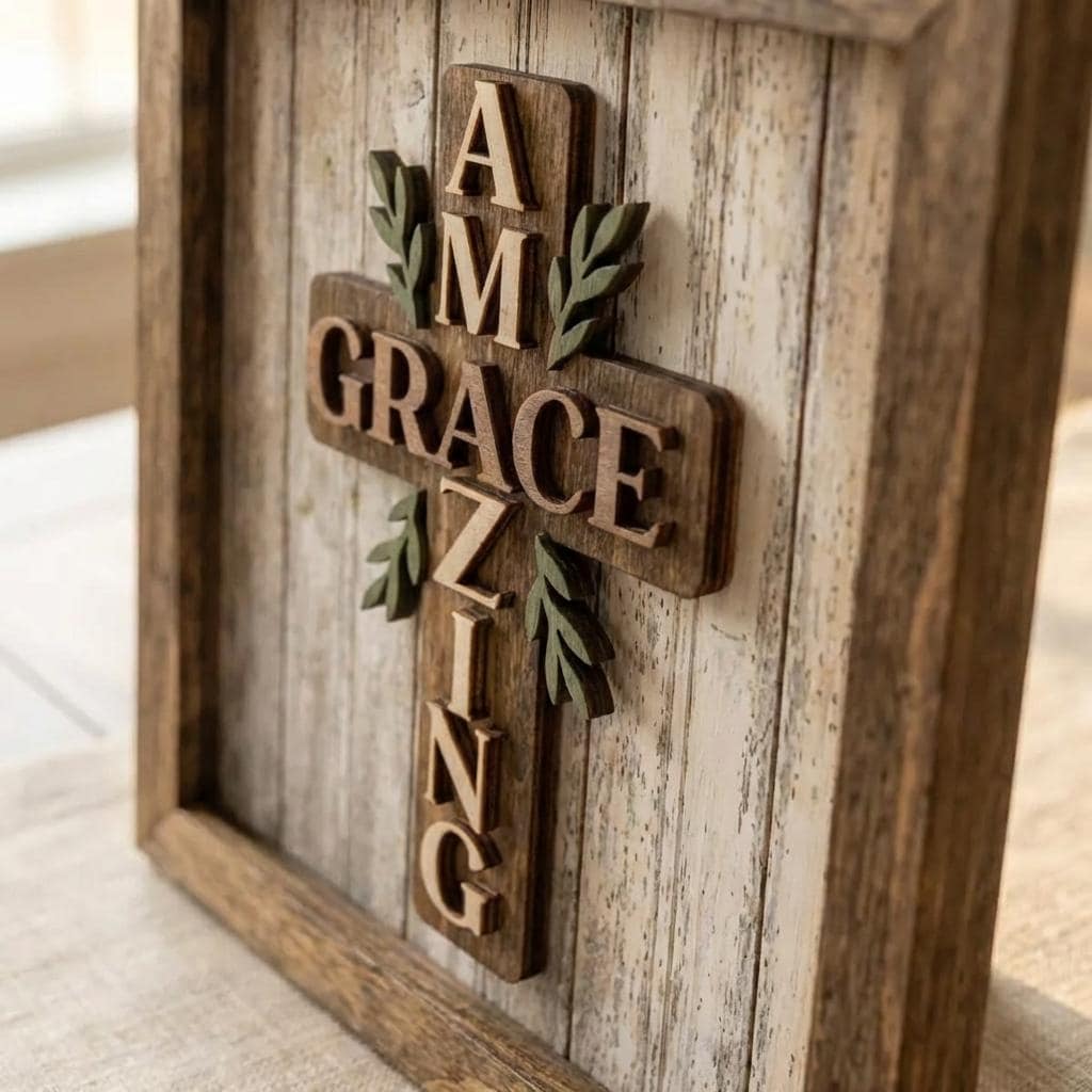 Amazing Grace Wood Cross Wall Art Framed – Christian Home Decor – Farmhouse Faith Wall Decor – Religious Gift – Layered Wood Scripture Art - TheGrumpyRooster
