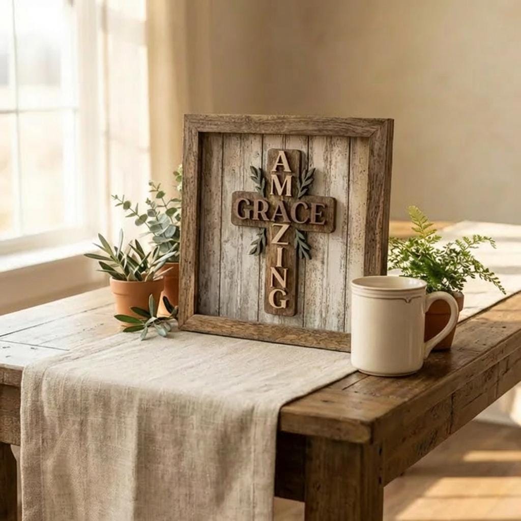Amazing Grace Wood Cross Wall Art Framed – Christian Home Decor – Farmhouse Faith Wall Decor – Religious Gift – Layered Wood Scripture Art - TheGrumpyRooster