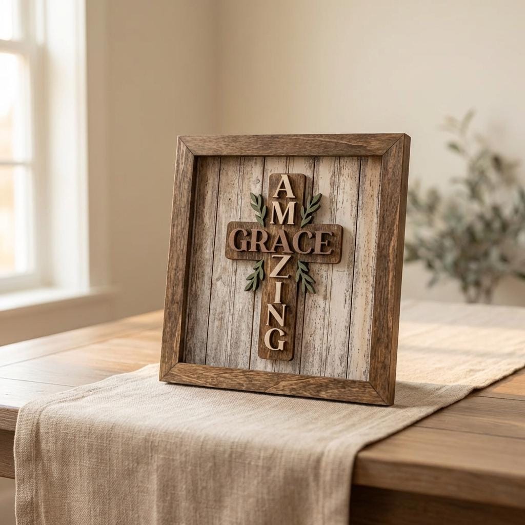 Amazing Grace Wood Cross Wall Art Framed – Christian Home Decor – Farmhouse Faith Wall Decor – Religious Gift – Layered Wood Scripture Art - TheGrumpyRooster