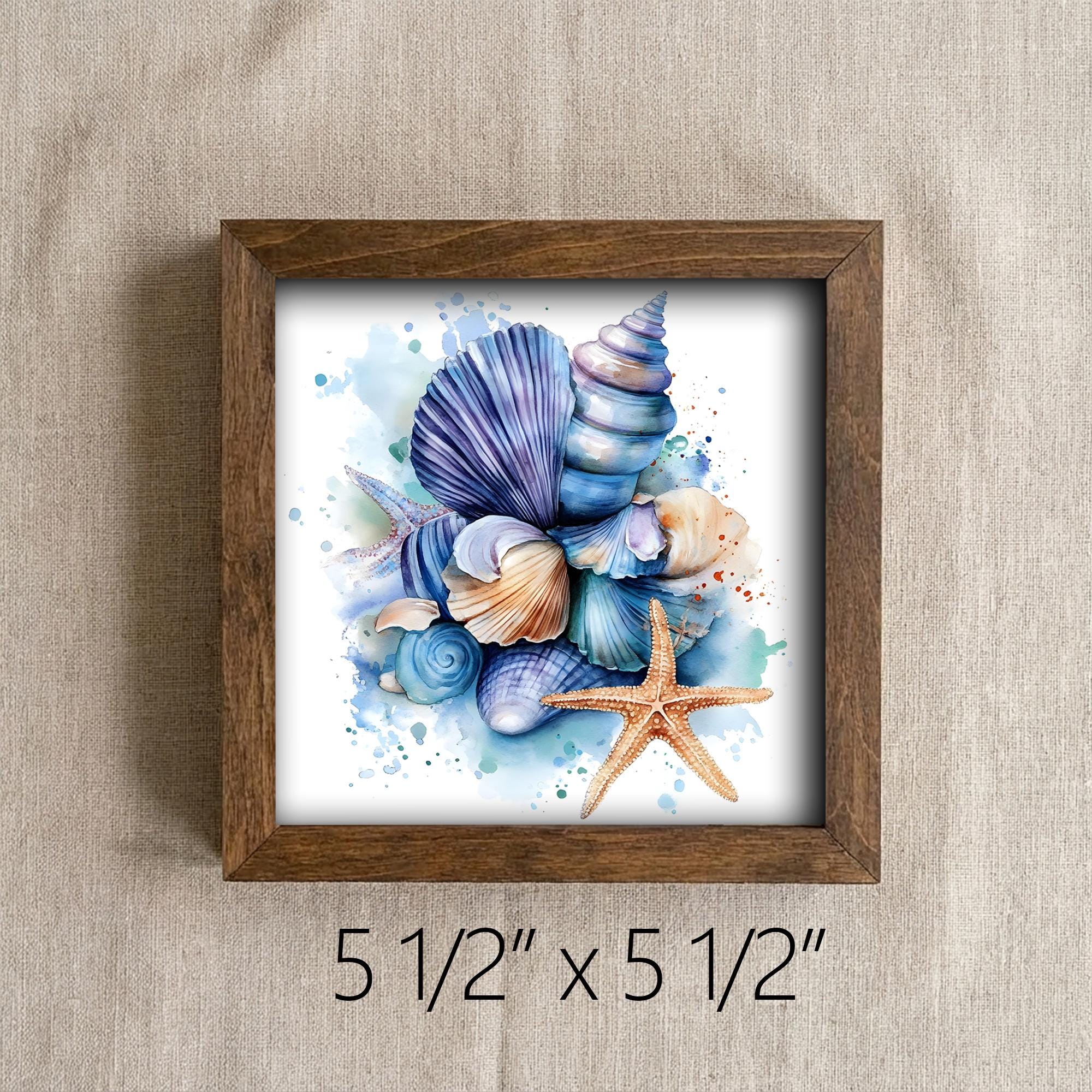 Coastal Seashell Wall Art Framed Beach Decor Starfish Ocean Artwork Nautical Farmhouse Blue Shell Print Gift for Beach House