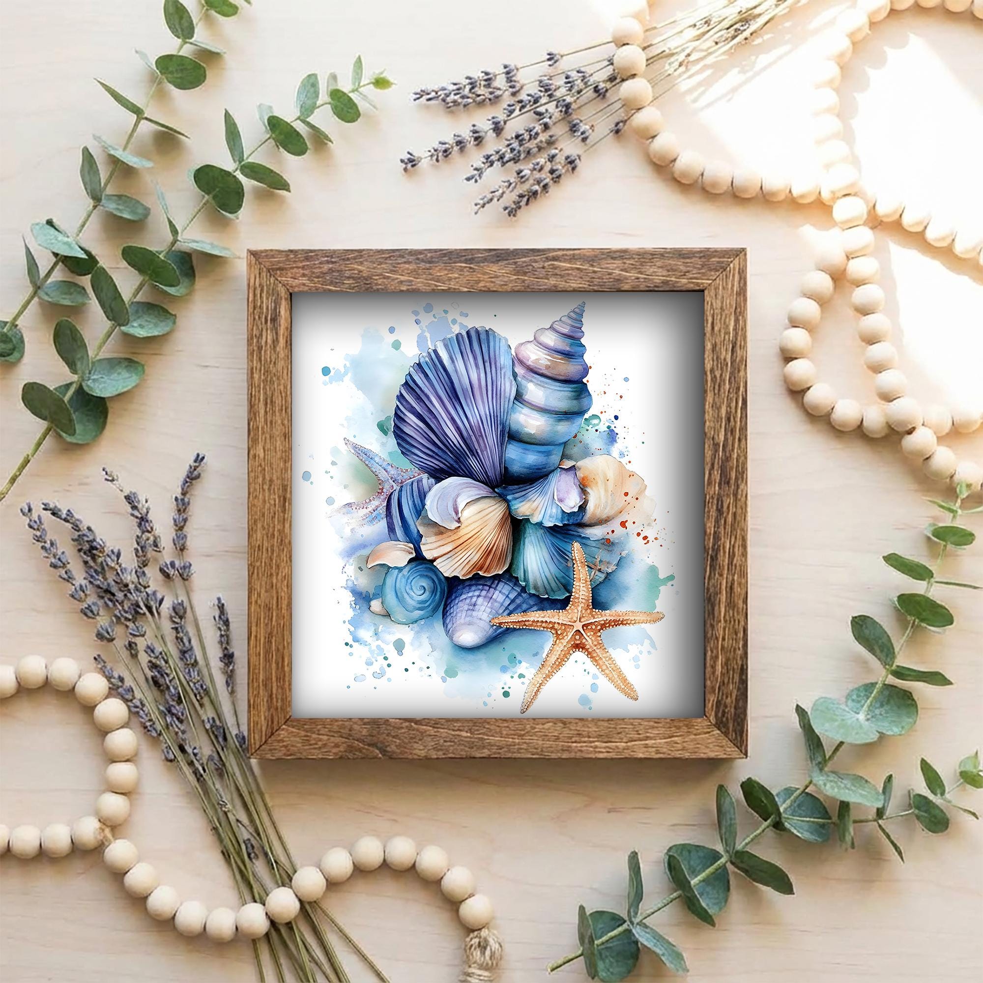 Coastal Seashell Wall Art Framed Beach Decor Starfish Ocean Artwork Nautical Farmhouse Blue Shell Print Gift for Beach House