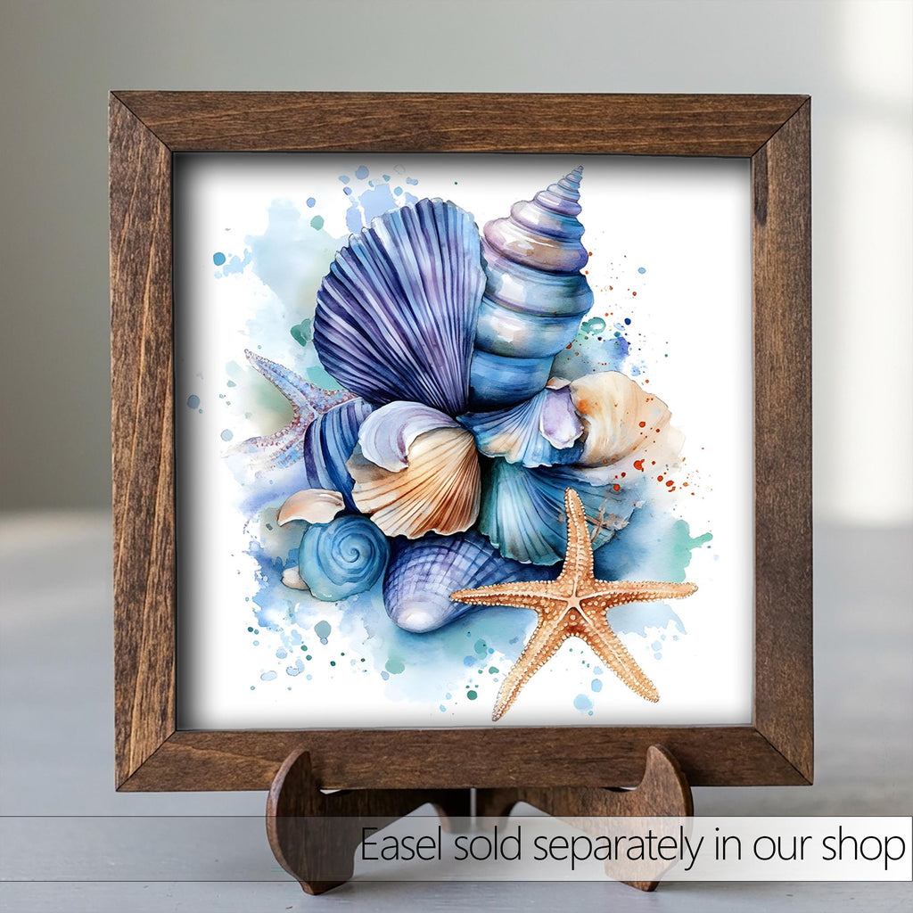 Coastal Seashell Wall Art Framed Beach Decor Starfish Ocean Artwork Nautical Farmhouse Blue Shell Print Gift for Beach House
