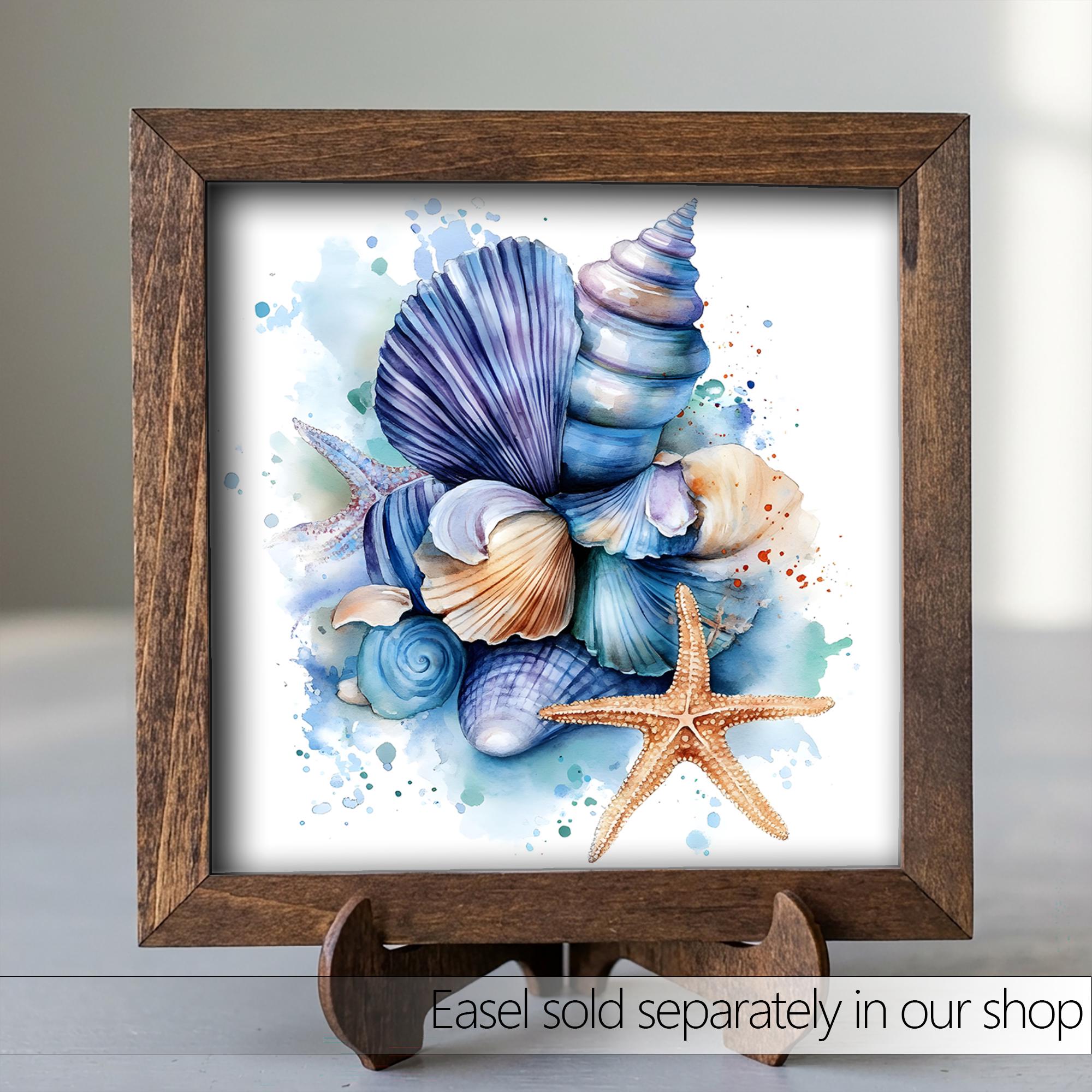Coastal Seashell Wall Art Framed Beach Decor Starfish Ocean Artwork Nautical Farmhouse Blue Shell Print Gift for Beach House