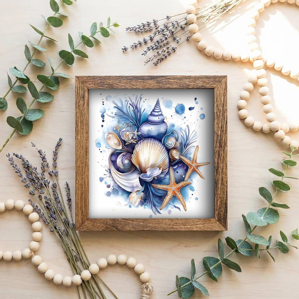 Coastal Seashell Wall Art Framed Beach Decor Starfish Ocean Artwork Nautical Farmhouse Blue Shell Print Gift for Beach House