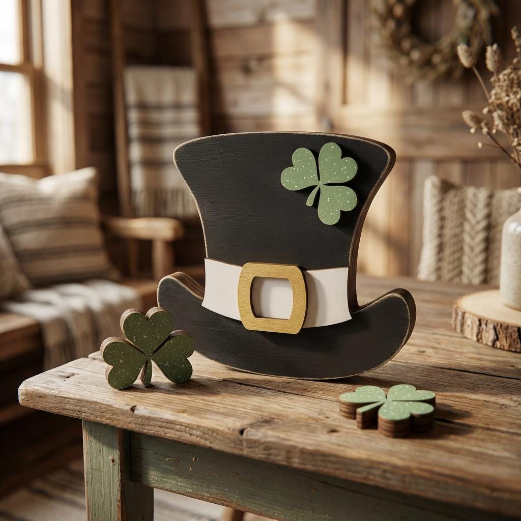 Large Shamrock Hat Shelf Sitter – 6 Inch Chunky Layered Wood St Patrick Decor – Freestanding Farmhouse Tiered Tray Decoration - TheGrumpyRooster