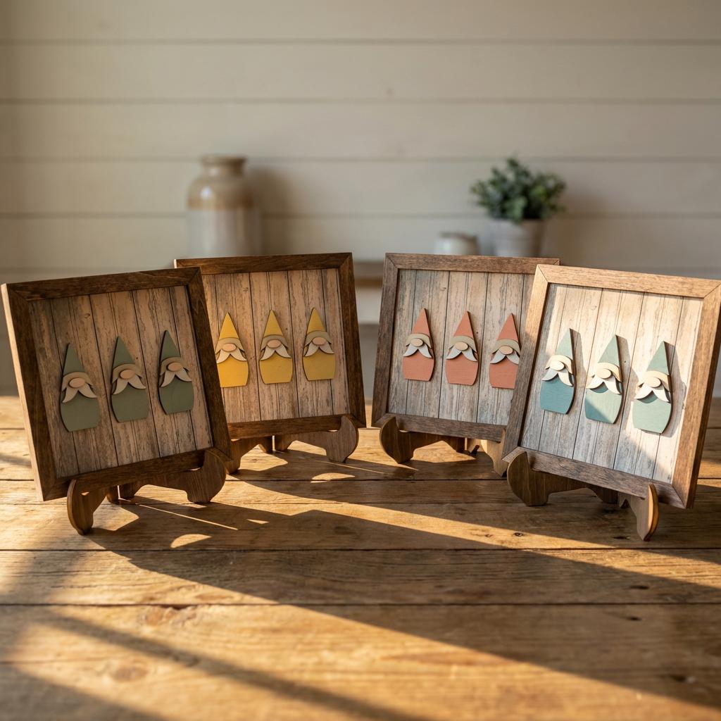 Rustic Gnome Trio Framed Wood Art, Farmhouse Tiered Tray Decor, Spring Gnome Decor, Handmade Wooden Gnome Sign, Cottage Style Gift - TheGrumpyRooster