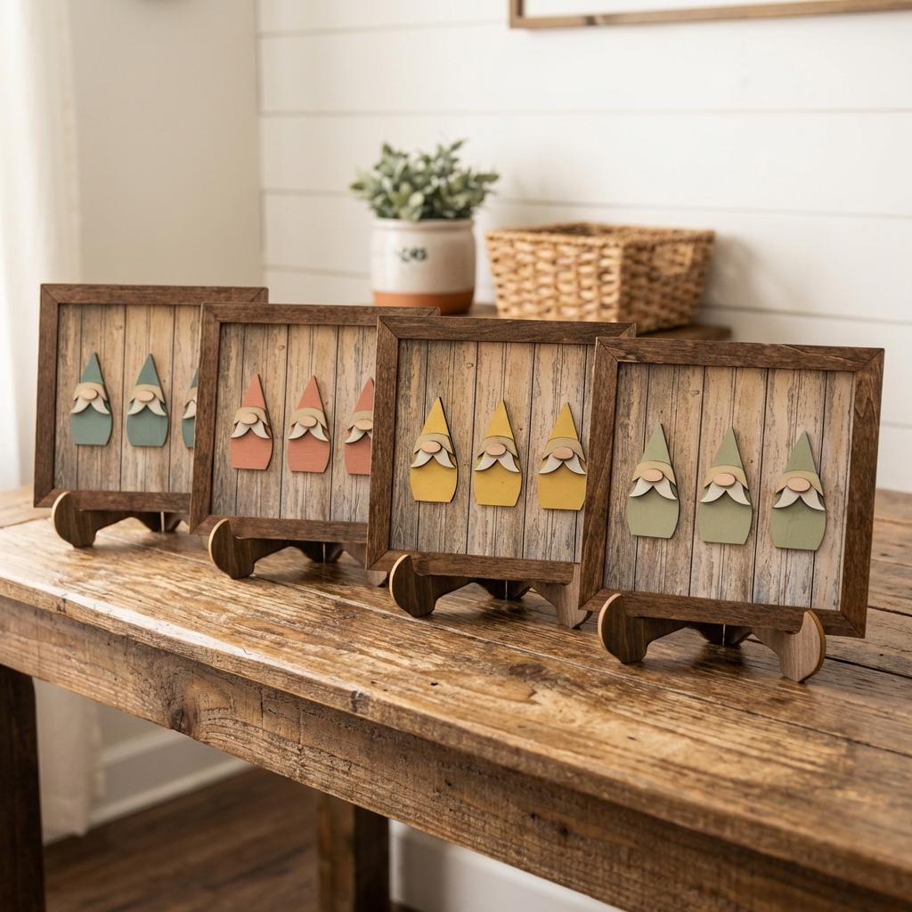 Rustic Gnome Trio Framed Wood Art, Farmhouse Tiered Tray Decor, Spring Gnome Decor, Handmade Wooden Gnome Sign, Cottage Style Gift - TheGrumpyRooster