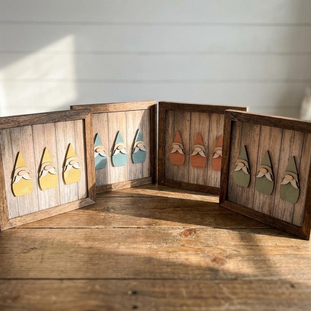 Rustic Gnome Trio Framed Wood Art, Farmhouse Tiered Tray Decor, Spring Gnome Decor, Handmade Wooden Gnome Sign, Cottage Style Gift - TheGrumpyRooster