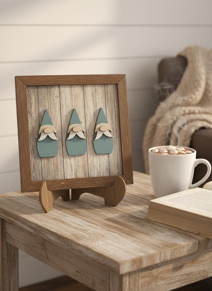 Rustic Gnome Trio Framed Wood Art, Farmhouse Tiered Tray Decor, Spring Gnome Decor, Handmade Wooden Gnome Sign, Cottage Style Gift - TheGrumpyRooster