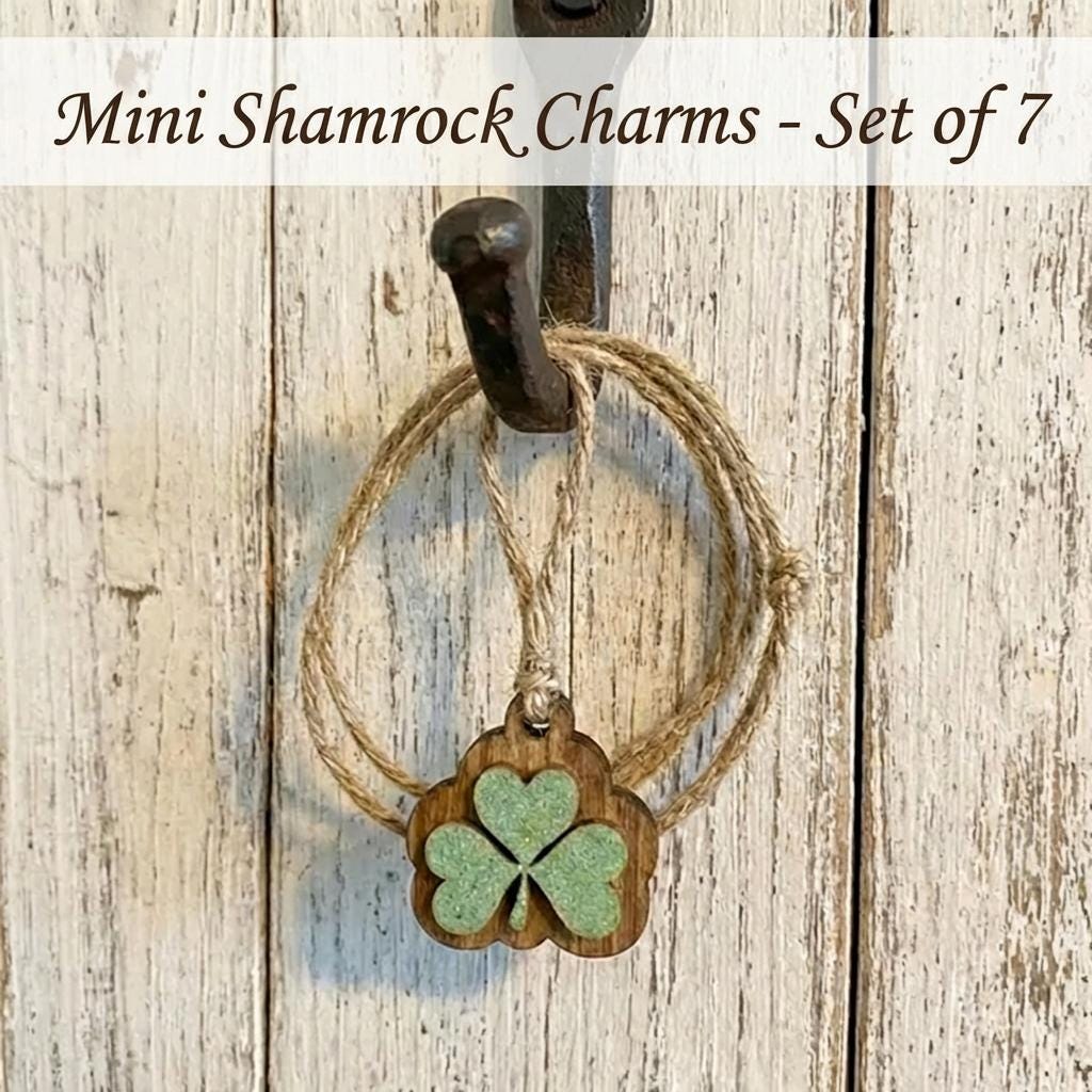 Reversible St Patrick’s Day Mini Shamrock Charms – Rustic Wooden Clover Tiered Tray Filler – Set of 7