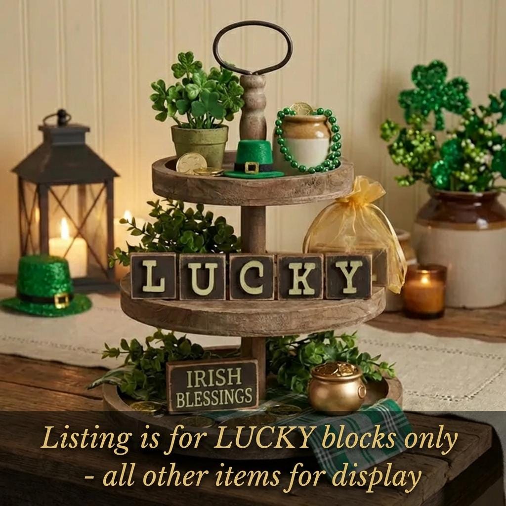 Lucky Mini Block Set – St Patrick’s Day Tiered Tray Decor – Rustic Wooden Letter Squares with Shamrock