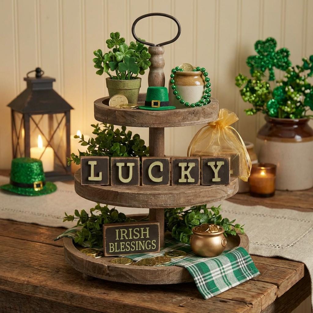 Lucky Mini Block Set – St Patrick’s Day Tiered Tray Decor – Rustic Wooden Letter Squares with Shamrock