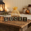 Lucky Mini Block Set – St Patrick’s Day Tiered Tray Decor – Rustic Wooden Letter Squares with Shamrock