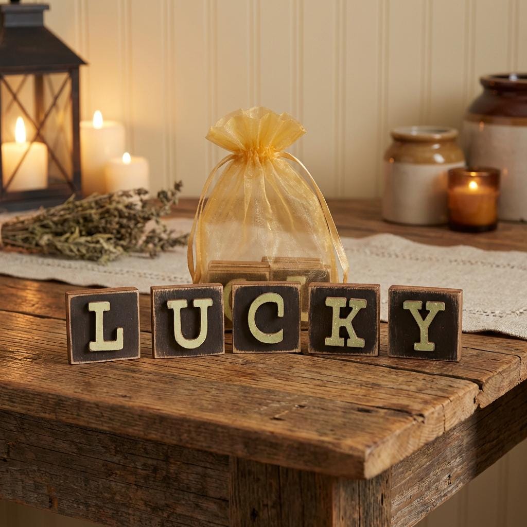 Lucky Mini Block Set – St Patrick’s Day Tiered Tray Decor – Rustic Wooden Letter Squares with Shamrock