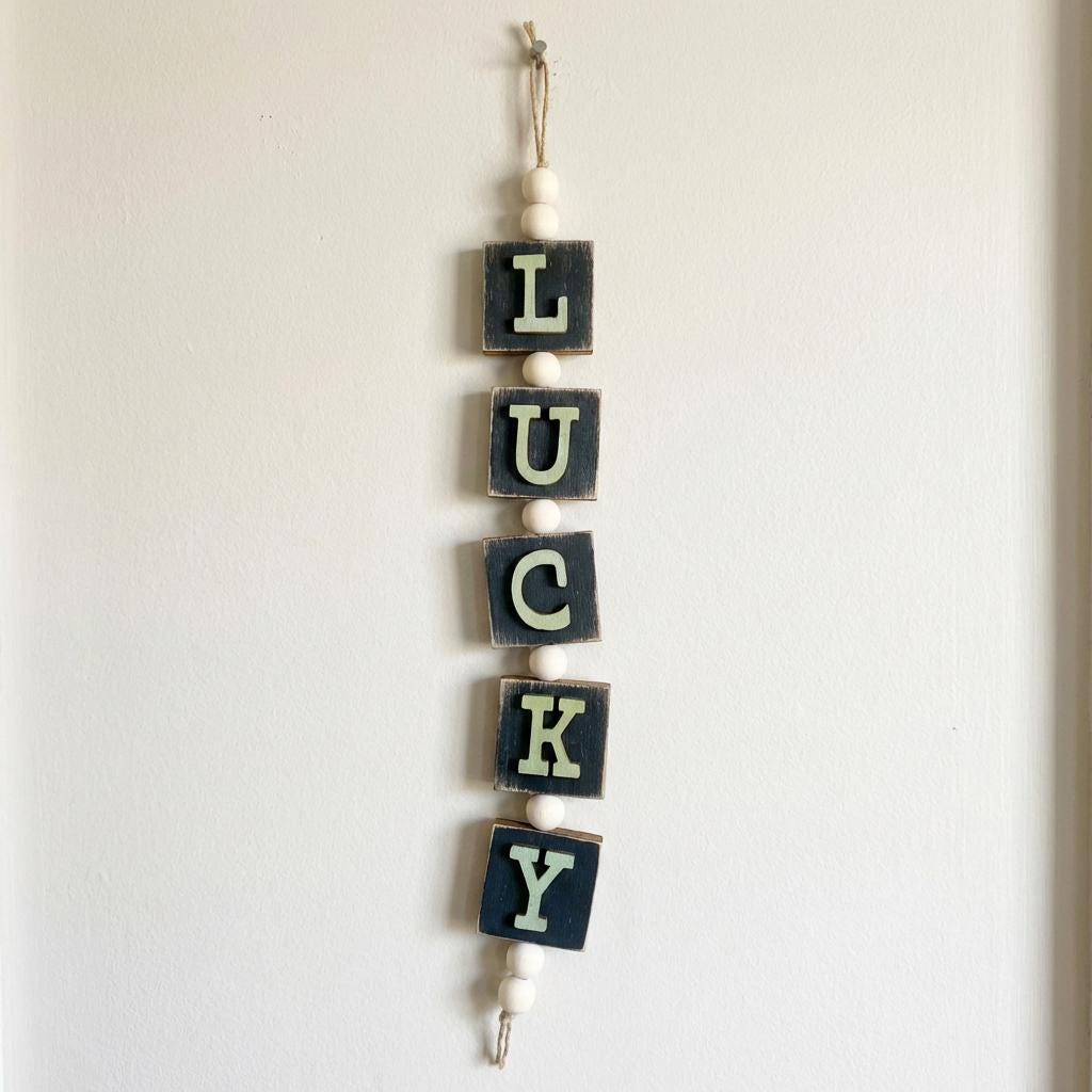 Lucky Beaded Door Hanger – St Patrick’s Day Rustic Wood Letter Garland – Farmhouse Tiered Tray Decor