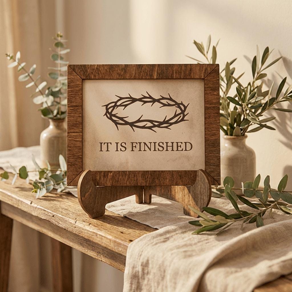 It Is Finished Framed Christian Art | Easter Wall Decor | Scripture Print | Rustic Faith Home Decor | Gift for Believers - TheGrumpyRooster