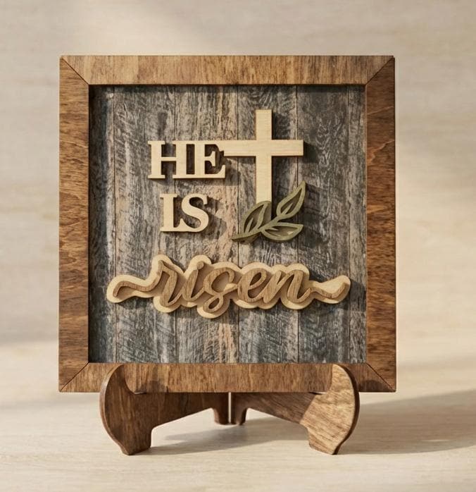 Layered He Is Risen Cross Decor – Christian Easter Home Decor – Resurrection Wall Art – Farmhouse Religious Shelf Decor - TheGrumpyRooster