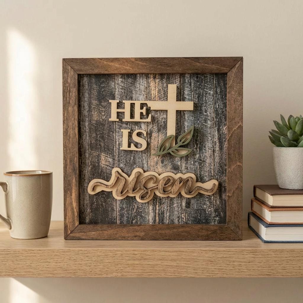 Layered He Is Risen Cross Decor – Christian Easter Home Decor – Resurrection Wall Art – Farmhouse Religious Shelf Decor - TheGrumpyRooster