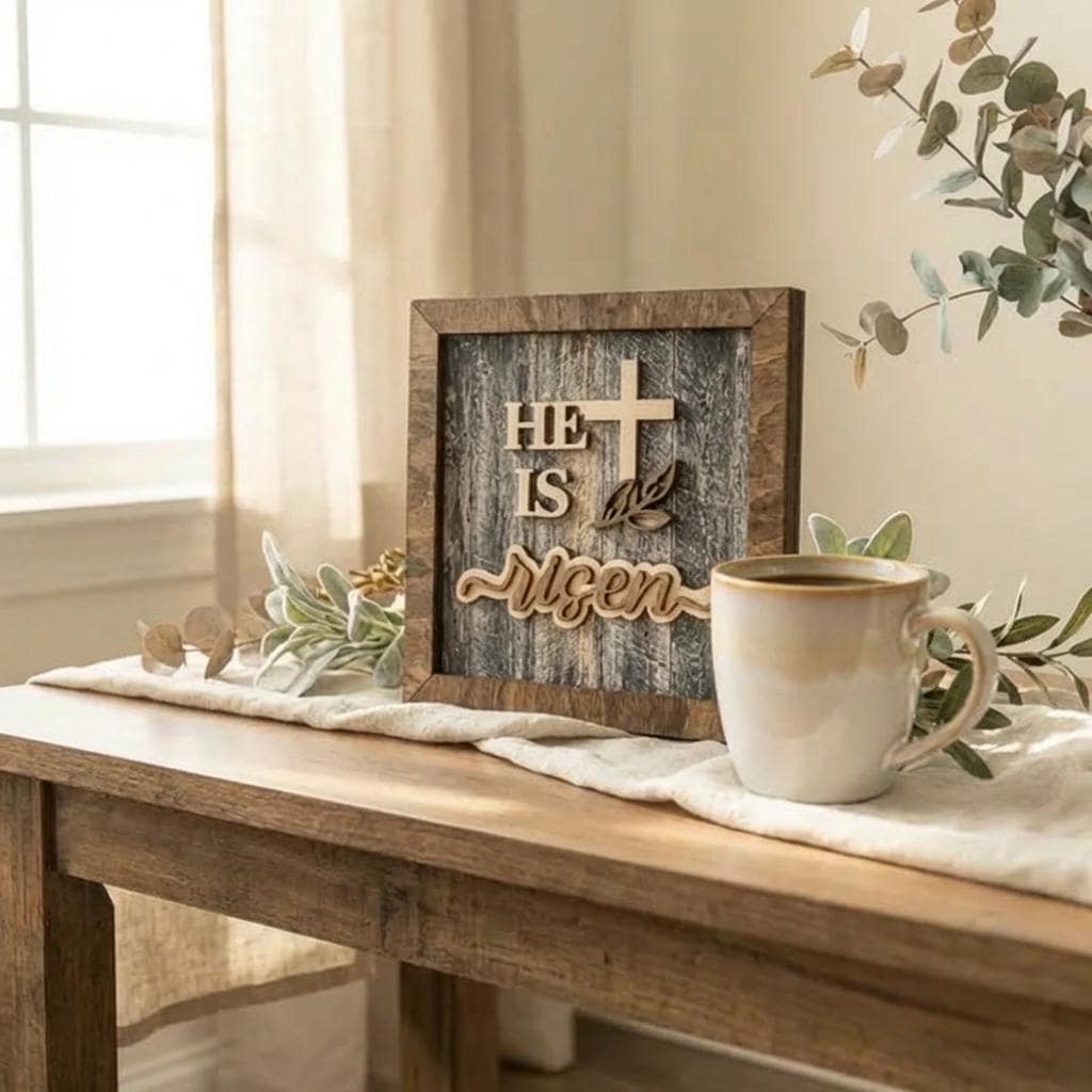 Layered He Is Risen Cross Decor – Christian Easter Home Decor – Resurrection Wall Art – Farmhouse Religious Shelf Decor - TheGrumpyRooster