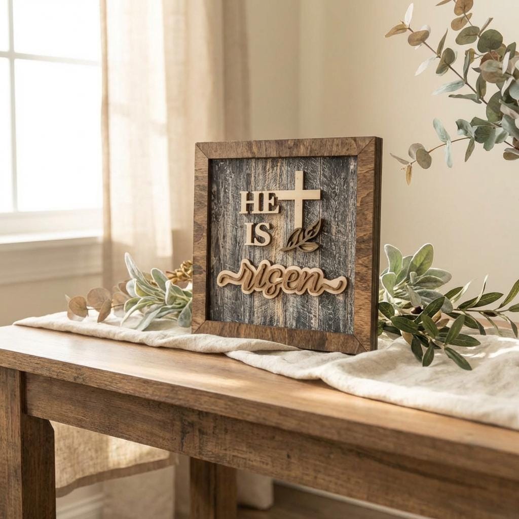 Layered He Is Risen Cross Decor – Christian Easter Home Decor – Resurrection Wall Art – Farmhouse Religious Shelf Decor - TheGrumpyRooster