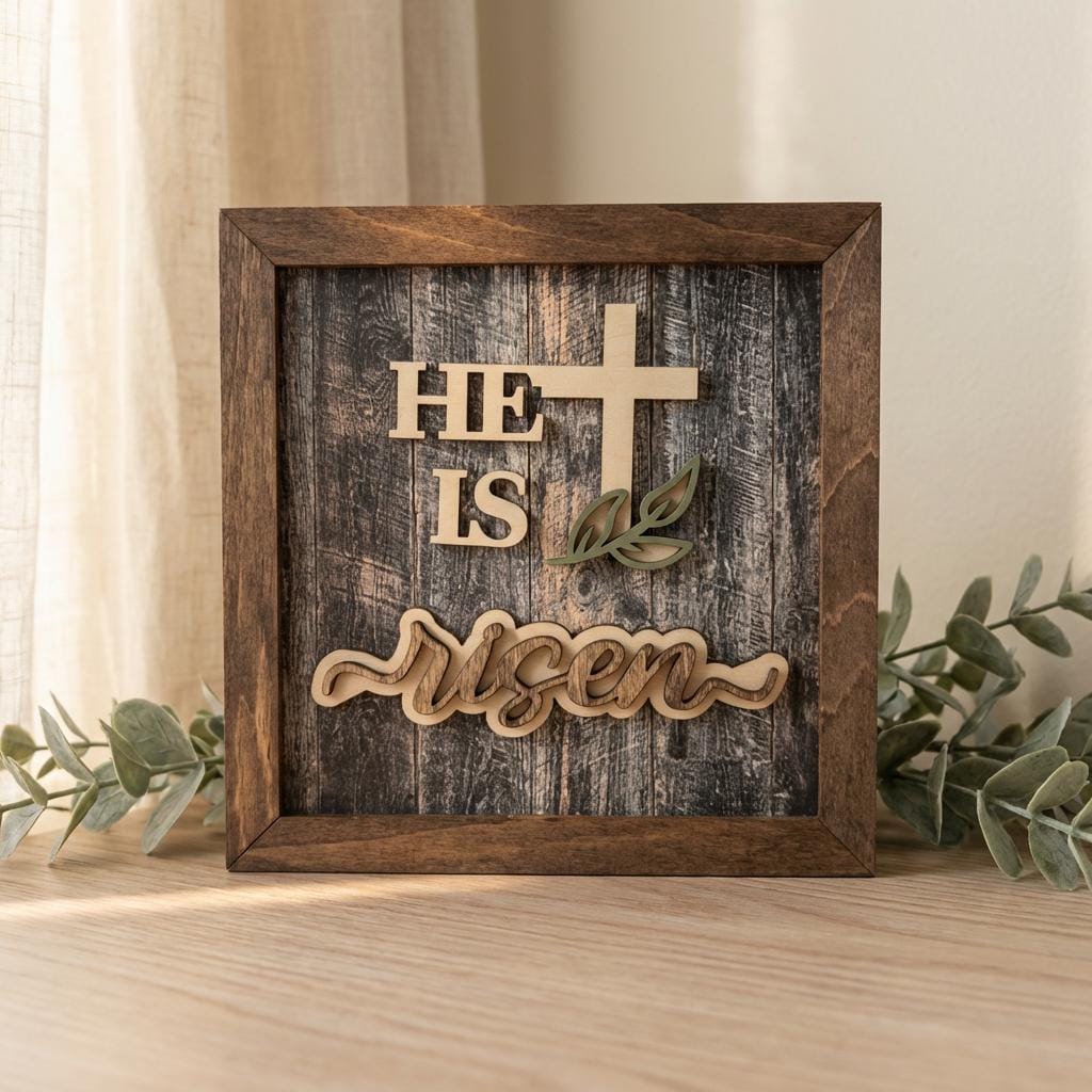 Layered He Is Risen Cross Decor – Christian Easter Home Decor – Resurrection Wall Art – Farmhouse Religious Shelf Decor - TheGrumpyRooster