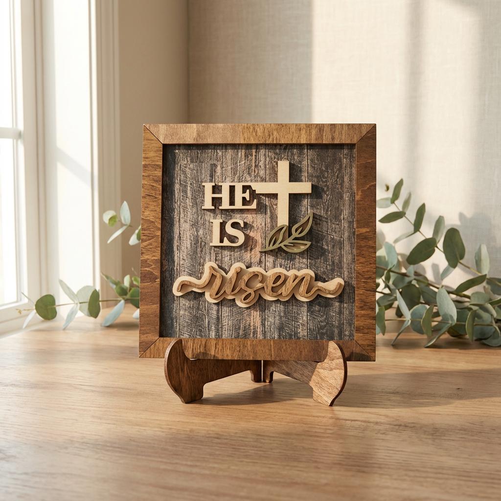 Layered He Is Risen Cross Decor – Christian Easter Home Decor – Resurrection Wall Art – Farmhouse Religious Shelf Decor - TheGrumpyRooster