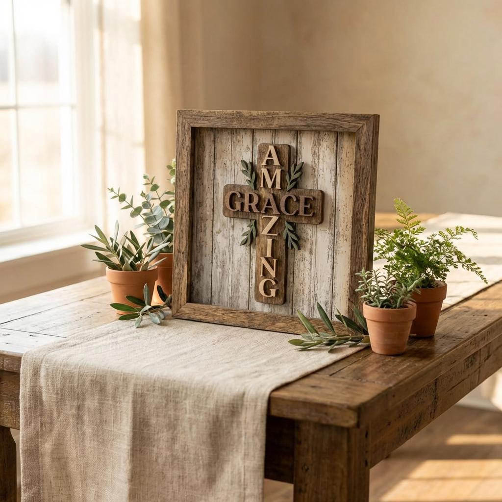 Amazing Grace Wood Cross Wall Art Framed – Christian Home Decor – Farmhouse Faith Wall Decor – Religious Gift – Layered Wood Scripture Art - TheGrumpyRooster