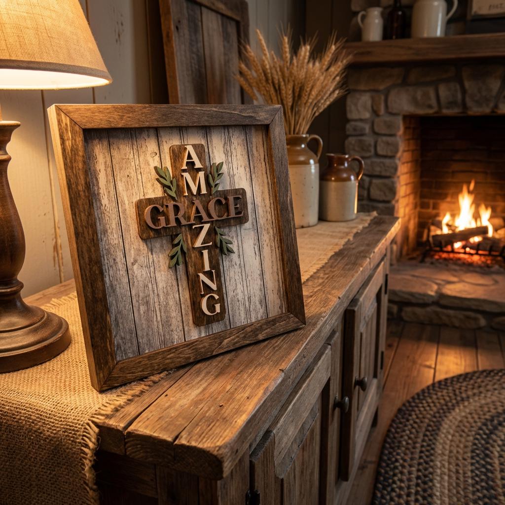 Amazing Grace Wood Cross Wall Art Framed – Christian Home Decor – Farmhouse Faith Wall Decor – Religious Gift – Layered Wood Scripture Art - TheGrumpyRooster