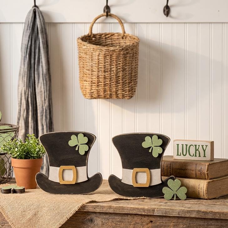 Large Shamrock Hat Shelf Sitter – 6 Inch Chunky Layered Wood St Patrick Decor – Freestanding Farmhouse Tiered Tray Decoration - TheGrumpyRooster
