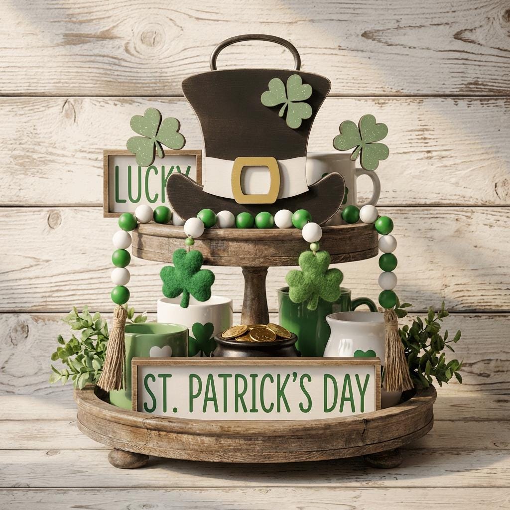 Large Shamrock Hat Shelf Sitter – 6 Inch Chunky Layered Wood St Patrick Decor – Freestanding Farmhouse Tiered Tray Decoration - TheGrumpyRooster