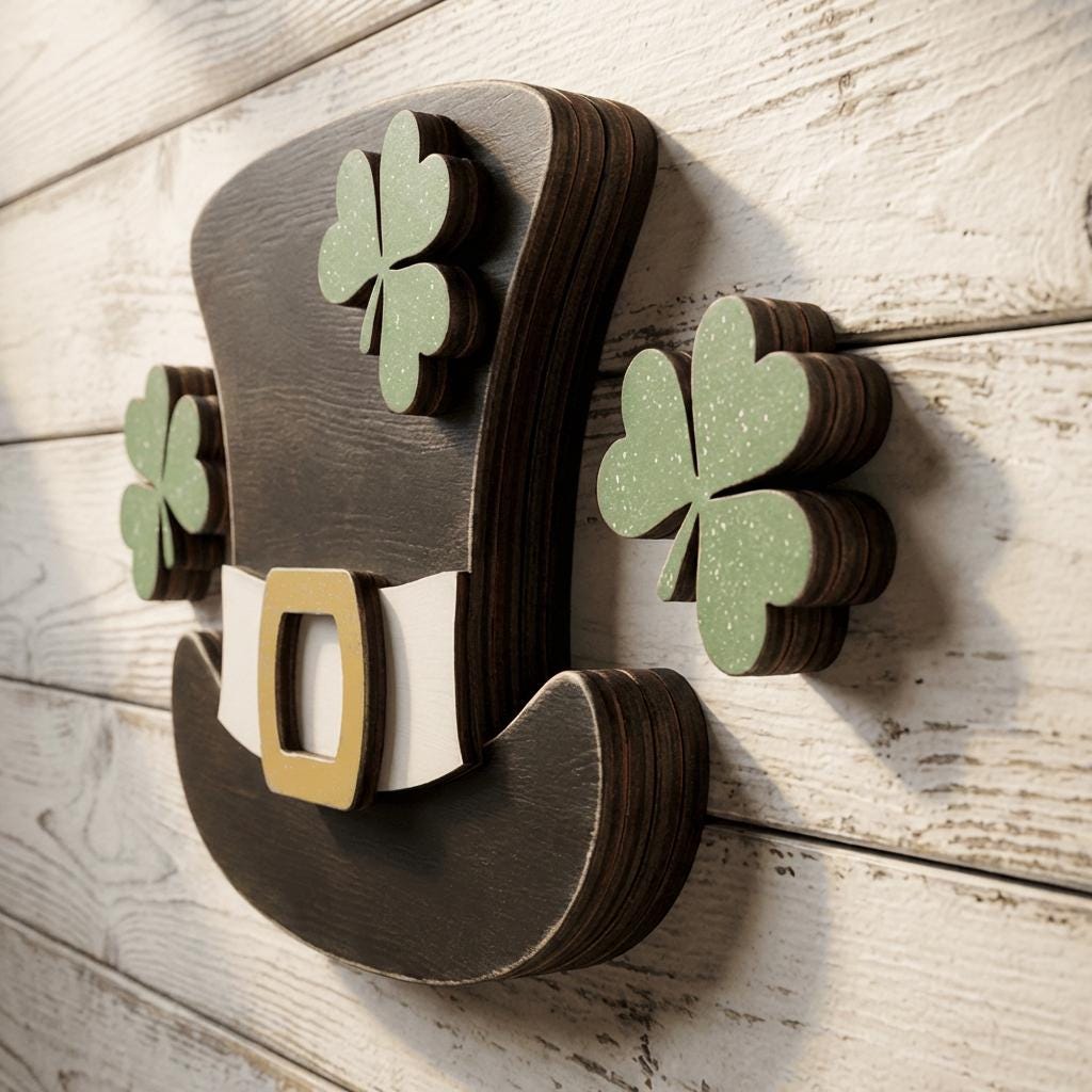 Large Shamrock Hat Shelf Sitter – 6 Inch Chunky Layered Wood St Patrick Decor – Freestanding Farmhouse Tiered Tray Decoration - TheGrumpyRooster
