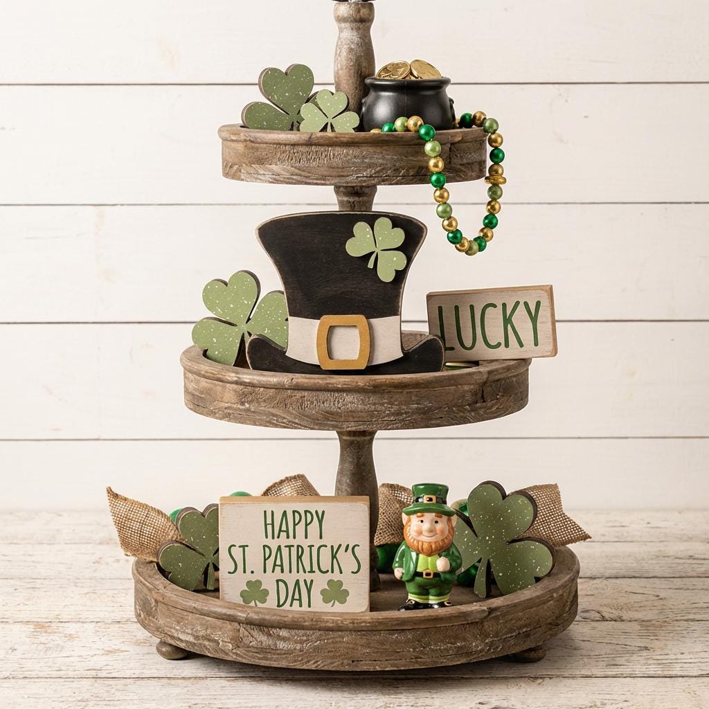 Chunky Shamrock Shelf Sitter – Small Layered Wood Shamrock Decor – St Patrick’s Day Tiered Tray Decor – Farmhouse Irish Spring Decoration - TheGrumpyRooster