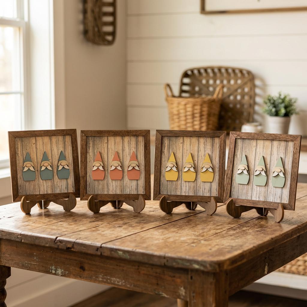Rustic Gnome Trio Framed Wood Art, Farmhouse Tiered Tray Decor, Spring Gnome Decor, Handmade Wooden Gnome Sign, Cottage Style Gift - TheGrumpyRooster